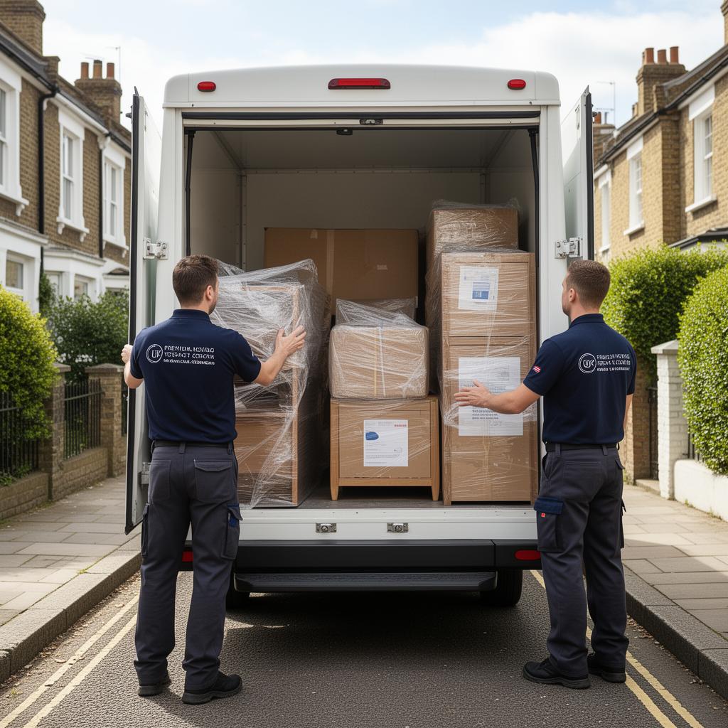 GoldTeam removals team loading a Luton van outside a London townhouse